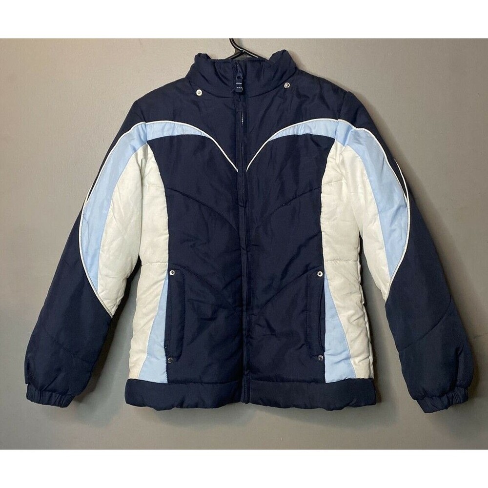 London Fog Winter Puffer Coat / Jacket Youth M (10-12) Blue White Elastic Cuffs